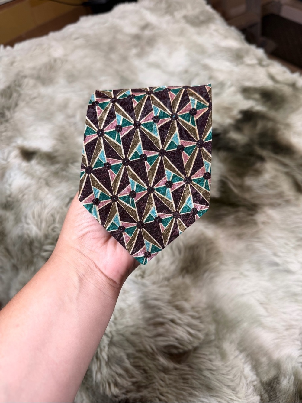 Dior Brown, Teal & Burgundy Geometric Silk Tie